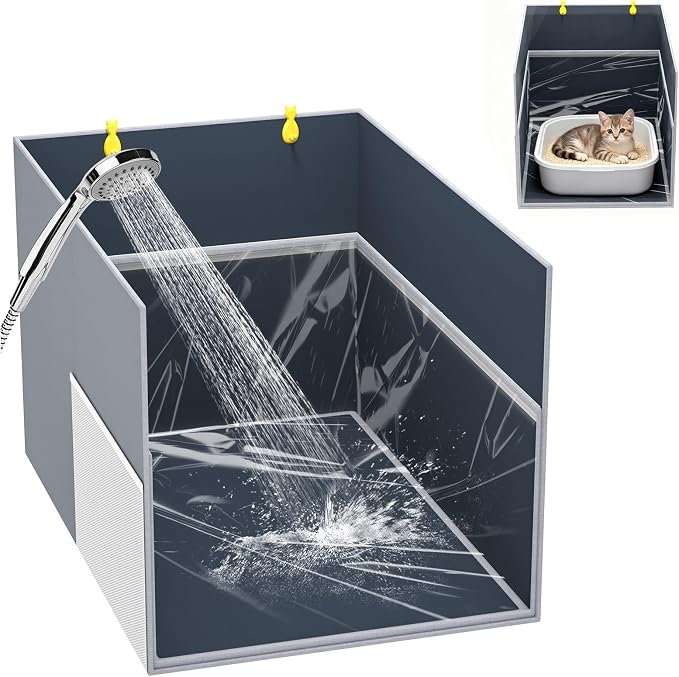 Aokeyee Waterproof Cat Litter Box Enclosure Splash Guard, 27"x22"x17" | Removable PVC Mat with 2 Hooks, Foldable Anti-Leakage Dust Control