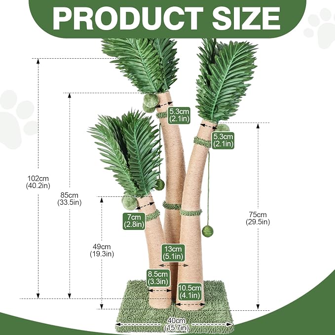 40'' Tall Cat Scratching Post Cat Tree, 3 Curved Design Palm Tree Cat Scratching Post with 8 Interactive Balls, Natural Sisal Rope Cat Scratchers for Indoor Cats, Multi-Combinable (Style D)