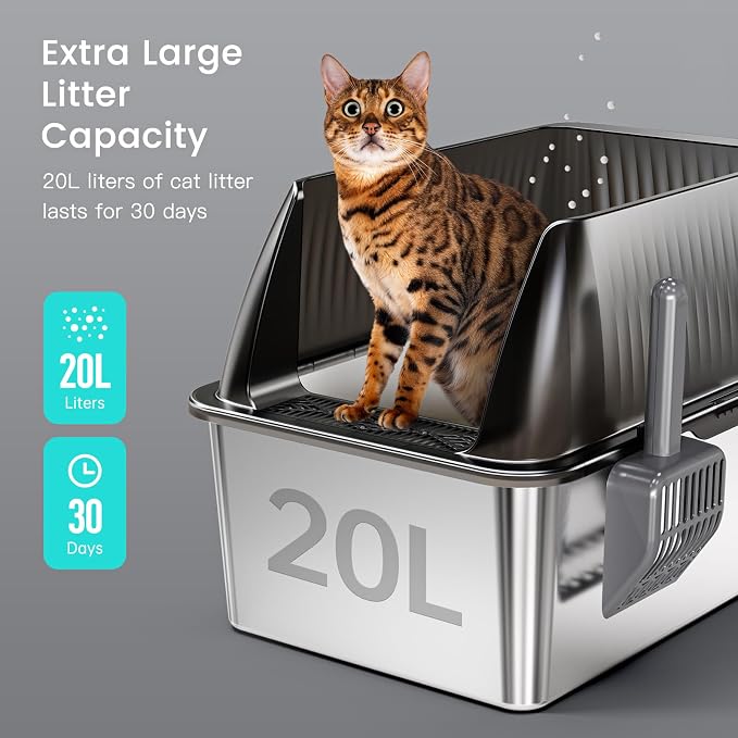 Tripamin 15” Stainless Steel Cat Litter Box,XL Stainless Steel with High Sides, Extra Large Metal Cat Litter Box for Big Cats, Multi Cats&Kitty, Easy Cleaning, Non-Sticky(Translucent Black)