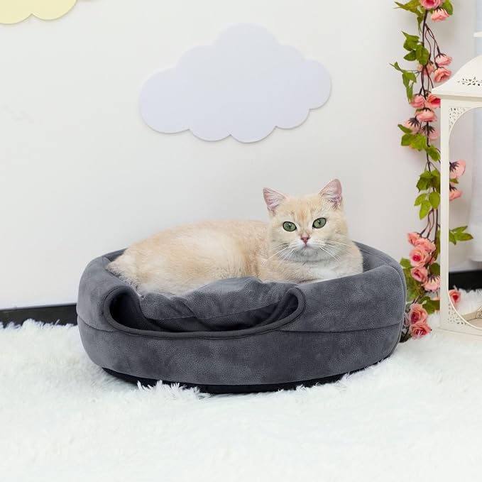 Hollypet Cat Bed Cave for Indoor Cats for Pets up to 15 lbs, Dark Gray | Warm Cat Bed Cats Igloo Cave Condo, Covered Kitty House with Removable Washable Cushion, Cozy Enclosed Pet Bed for Small Dogs
