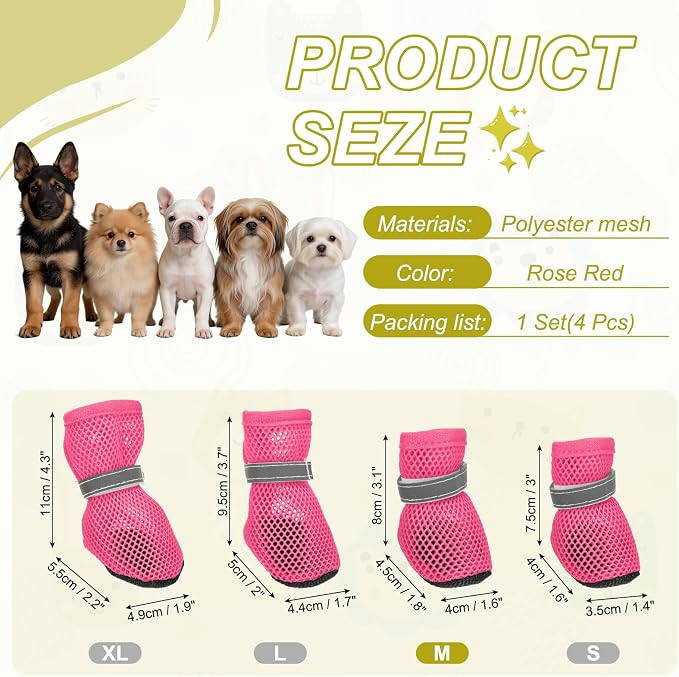 Dog Boots Paw Protector, Reflective Adjustable Non Slip Mesh Summer Breathable Dog Shoes Dog Walking Boots (M Size, Rose Red, 4 Pcs) Intended for Paws Waterproof for Dogs/Cat/Puppy
