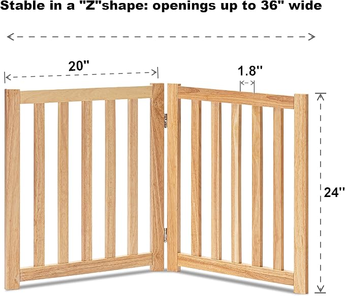 LZRS Wooden Free Standing Dog Gate 40" W x 24" H, Foldable Solid Hardwood Pet Safety Fence for House Doorways, Stairs, Hallways, Step-Over Pet Barrier, No Drill Easy Setup,Natural