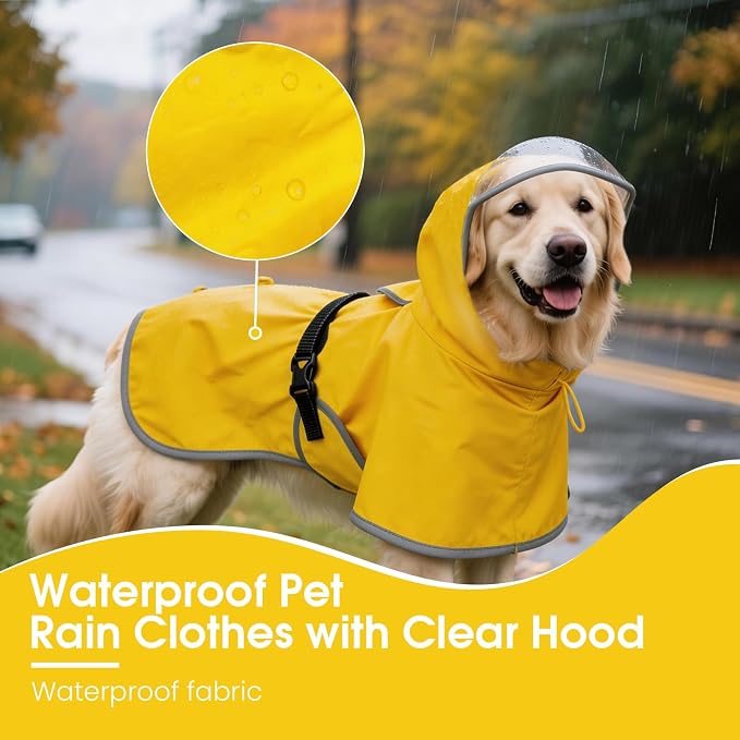 BRKURLEG Dog Raincoat, Waterproof Rain Jacket with Clear Hood for Small Medium and Large Dogs, Adjustable Reflective Pet Rain Coat Poncho with Leash Hole, Yellow L