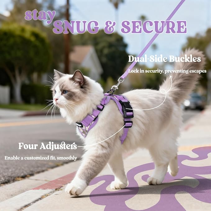 rabbitgoo Cat Harness and Leash Set, Escape Proof Vest, Purr-ple Daisy | Soft Breathable Mesh, Easy Adjustable Fit, Snap Buckles, Sturdy Clip, Reflective Strips, for Average Cats Walks, S