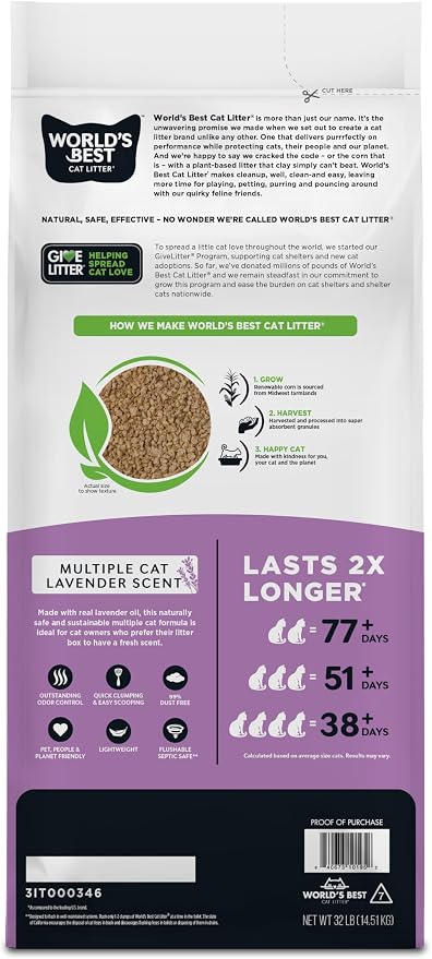 World's Best Cat Litter, Lavender Scented, Long-Lasting Odor Control, 32 lb