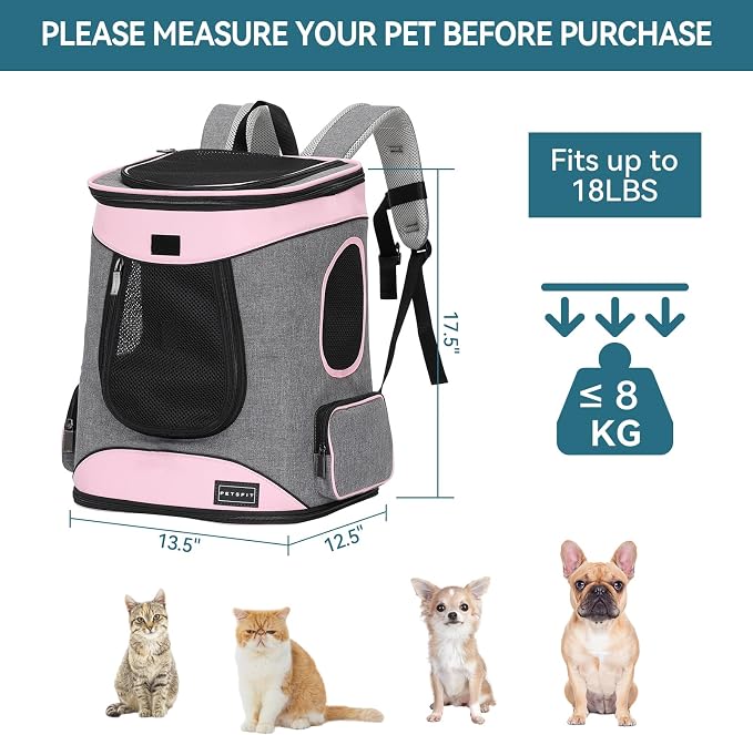 Petsfit Dog and Cat Backpack Carrier, Padded Waist Support, Up to 18 lb | 13.5 x 12.5 x 17.5 in; reinforced frame, 600D Oxford, 4 mesh panels, lockable zippers, safety tether and washable mat.
