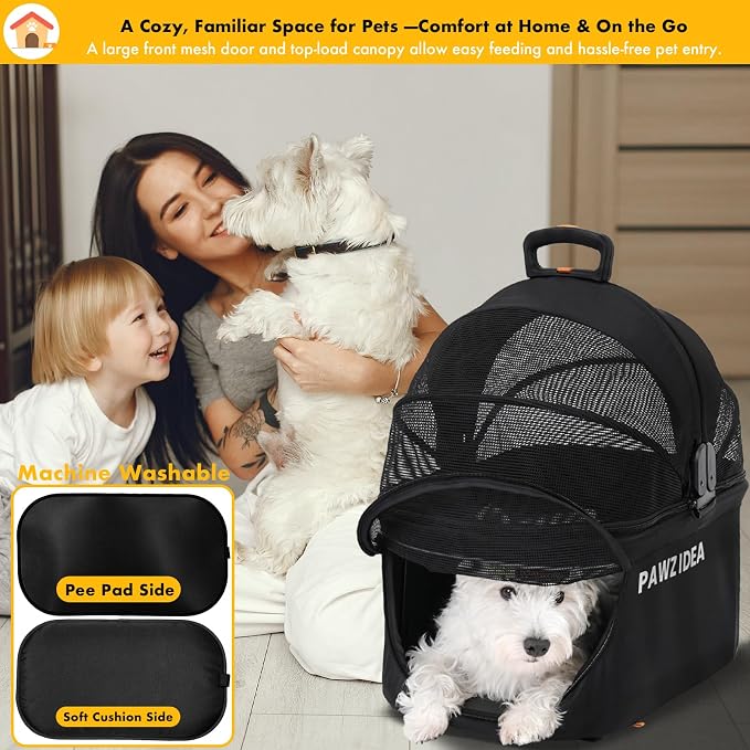 PAWZIDEA Portable Small Dog Crate for Car Travel up 33lbs, Enclosed Dog Car Seat Soft-Sided, Escape-Proof Reversible No-Zip Canopy, Foldable Pet Carrier Seatbelt for Small Medium Puppies & Cats Kennel