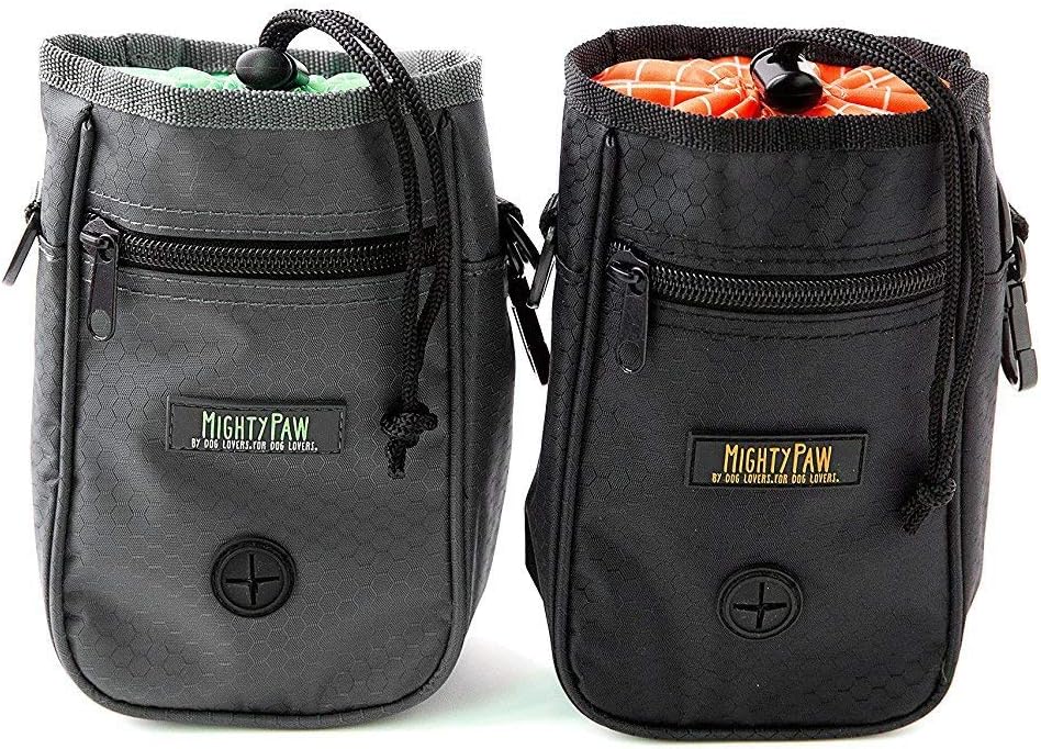 Mighty Paw Dog Treat Bag - Drawstring Closure Pouch - Includes Carabiner Hook and Pick-up Bags - With Reflective Belt - Dog Training Treats Pouch (Black)