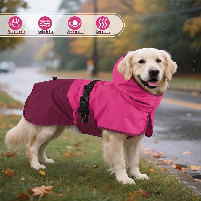 BRKURLEG Dog Raincoat, Waterproof Rain Jacket with Hood, Rose Red, XL | Adjustable Windproof Rainproof Jacket with Leash Hole, Reflective Breathable Rain Coat Poncho, for Small to Large Dogs