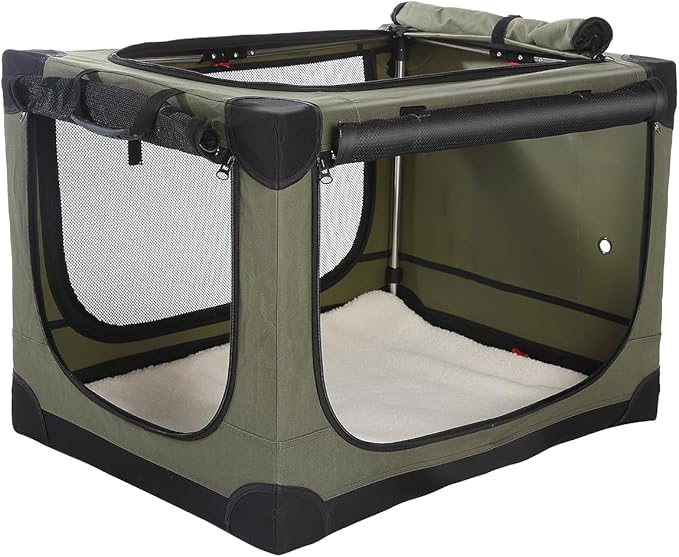30 x 21 x 21 Inch Collapsible Soft Dog Crate for Dogs Up to 50 lbs, Portable Travel Pet Kennel with 4 Zip Doors, Foldable Indoor Outdoor Crate with Mat, Carry Bag, Green