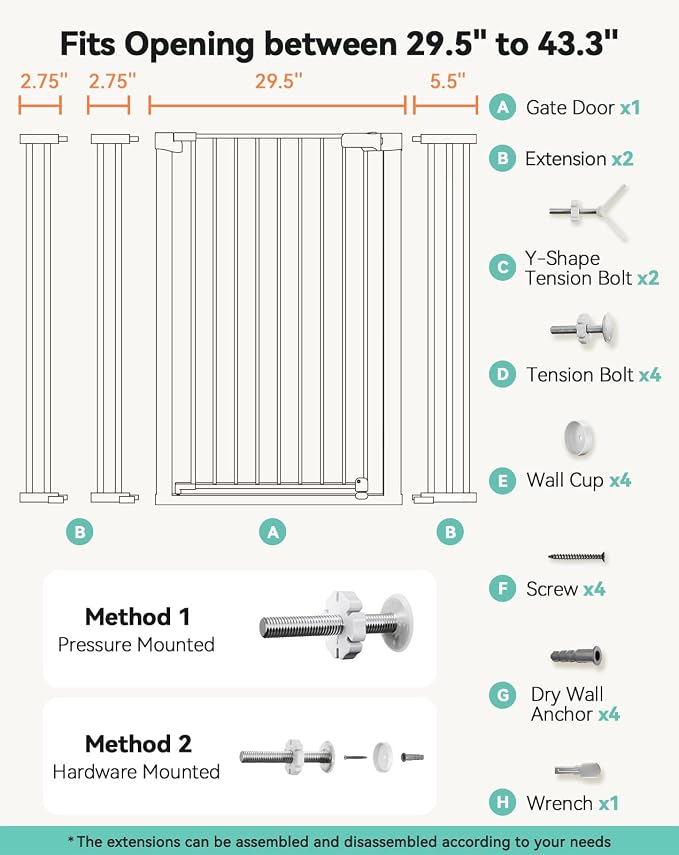 COMOMY 42" Extra Tall Baby Gate for Stairs Doorways, Fits Openings 29.5" to 43.3" Wide, Auto Close Sturdy Safety Dog Gate for House, Pressure Mounted Easy Walk Through Pet Gate with Door, White | Auto Close Sturdy Safety Dog Gate for House, Pressure Mo...