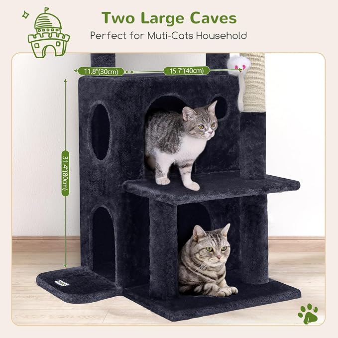 Globlazer Cat Tree Tower for Indoor Cats, 50-inch Adult Cat Tree House for Large Adult Cats with Steps, Scratching Post, 2 Cat Caves, Dangling Toys, FC50, Dark Grey