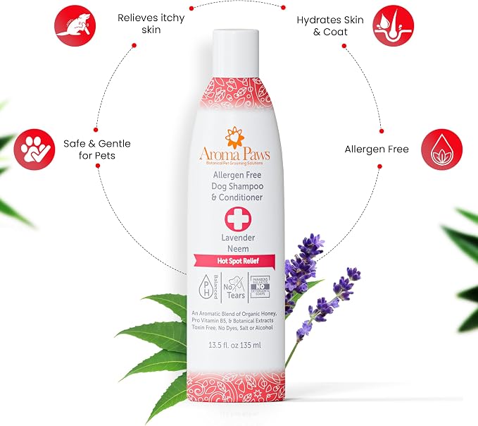 Dog Shampoo and Conditioner - Tearless Shampoo for Cleansing, Grooming, and Conditioning - Hot Spot Treatment Shampoo for Dogs and Puppies - Lavender and Neem 13.5 oz