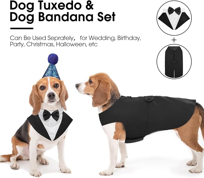 Kuoser Dog Tuxedo, Dog Suit and Bandana Set, Dogs Costume with D-Ring | Formal Dog Outfit with Detachable Bowtie Collar for Wedding, Birthday, Party, Christmas, Halloween, Black M