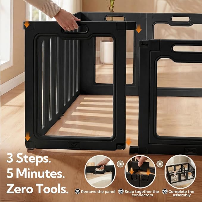 Soulbond Acrylic Dog Playpen Indoor with Partition(24 Inch,Black,12 Panels) | Non-Slip,Tool-Free Assembly, External Door Lock Play Pen for Puppies and Small Dogs with 2 Doors