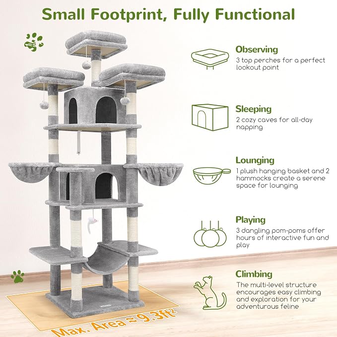 Globlazer Big Cat Tower for Indoor Cats, 80inch Cat Tower for Multiple Adult Cats XXL Cat Tree with Scratching Post, Hammock, 3 Perches, 2 Condos, 2 Hanging Basket, F80, Light Grey