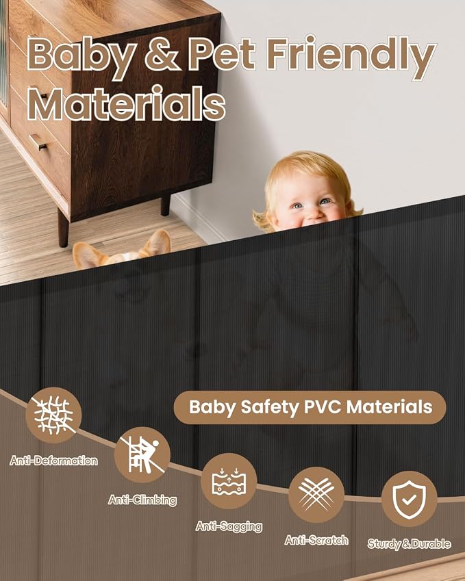 Retractable Baby Gate, Up to 55" Wide Reinforced Retractable Gate | 4 Fiberglass Support Rods for Extra Stability, Fully Retractable Design, 34" Tall for Stairs, Hallways & Doorways, Black