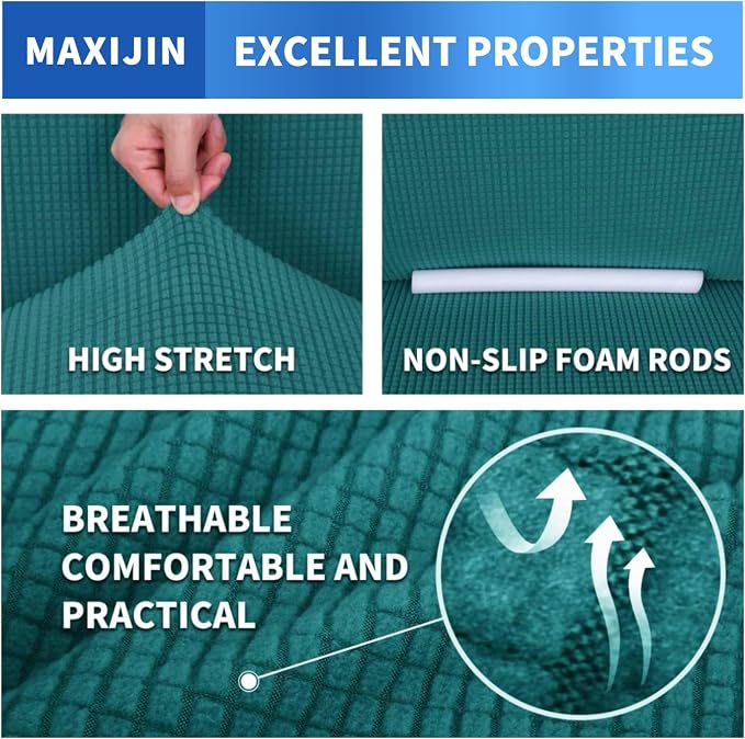 MAXIJIN Super Stretch Couch Cover for 3 Cushion Couch, 1-Piece Universal Sofa Covers Living Room Jacquard Spandex Furniture Protector Dogs Pet Friendly Fitted (Large, Peacock Teal)