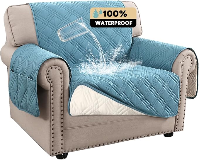100% Waterproof Chair Sofa Slipcover for Living Room Water Resistant Couch Cover Furniture Protector Cover with Elastic Straps for Pets Kids Children Dog Cat(Chair 23", Smoke Blue)