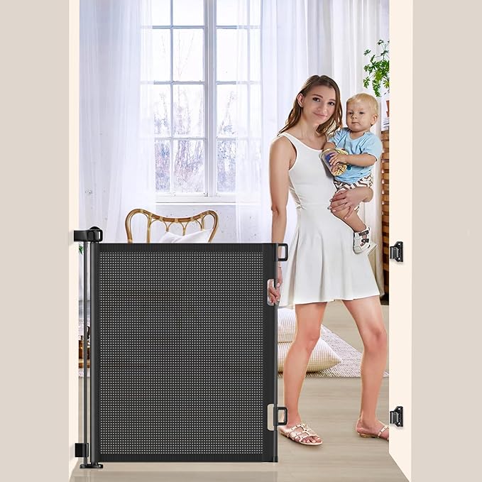 EZIGO 55 Inch Retractable Baby Gates Extra Wide Baby Dog Gate for Stairs | 34 Inch Tall Retractable Dog Gate, One-Hand Operation Mesh Safety Pet Gate for Deck, Porch, Doorways Indoor Outdoor, Black