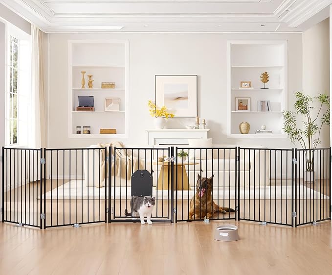 No Pawblems Full Metal Freestanding Dog Gate with Cat Door, 30" Tall | Foldable Pet Gate for Indoor/Outdoor, Zoned management, Dog Fence for Families with Multiple Pets, 156" Wide, 6 Panels, Black