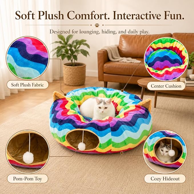Large Cat Tunnel Bed Under Christmas Tree with Fluffy Toy Balls, Small Cushion and Flexible Design- 10 inch Diameter, 3 ft Length- Great for Cats, and Small Dogs, Rainbow Wave Color