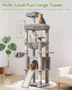 Taoqimiao Cat Tree for Large Cats, 72In Tall Cat Tower, Giant Platform | Widened Cat Condo with Large Scratch Board, 5 Scratching Posts, Metal Frame Hammcock, Cozy Basket, Light Gray, MS045W