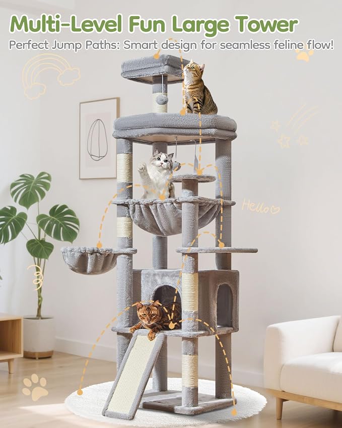 Taoqimiao Cat Tree for Large Cats, 72In Tall Cat Tower, Giant Platform | Widened Cat Condo with Large Scratch Board, 5 Scratching Posts, Metal Frame Hammcock, Cozy Basket, Light Gray, MS045W