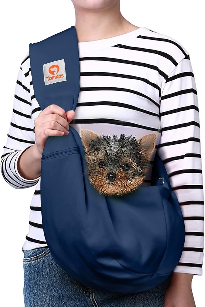 Tomkas Small Dog Sling Carrier - Zipper Pocket & Adjustable Strap - for 3-10 lbs Pets(Dark Blue)