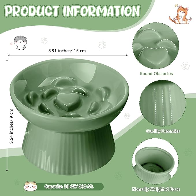Tioncy 2 Pcs Ceramic Elevated Slow Feeder Cat Bowl, Raised Cat Slow Feeder Bowl, Anti Vomiting for Dry and Wet Food, No Spill High Edge Easy Clean Dishwasher Safe (Sage Green)