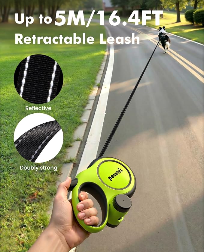 Pecute 16.4ft Retractable Dog Leash with 1.6ft Chew Proof Steel Cable | For Power Chewers & Pullers, Heavy Duty Locking for Medium/Large Dogs 33lbs-110lbs, Anti-Tangle & Poop Bag Holder Included
