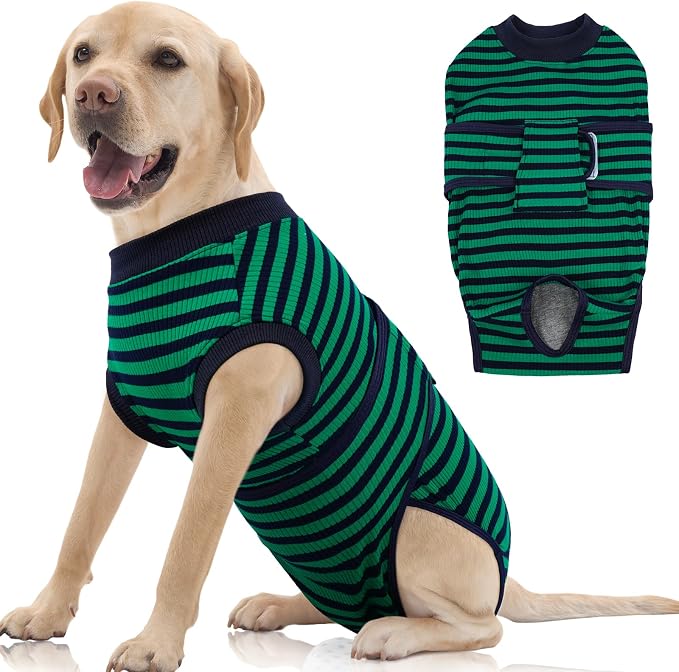 FUAMEY Dog Surgery Recovery Suit, Surgical Suit for Dogs Onesie for Surgery | Cone Alternative after Surgery, Abdominal Wound Protector, Onesie for Dogs after Surgery Spay Neuter, Green Black Stripes L