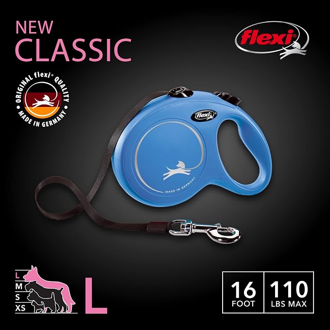FLEXI® Classic Tape Retractable Dog Leash, Large, 16 ft - Blue | German engineered, original flexi leash, durable quality for dogs up to 110 lbs, tangle-free, walking, reliable brake system