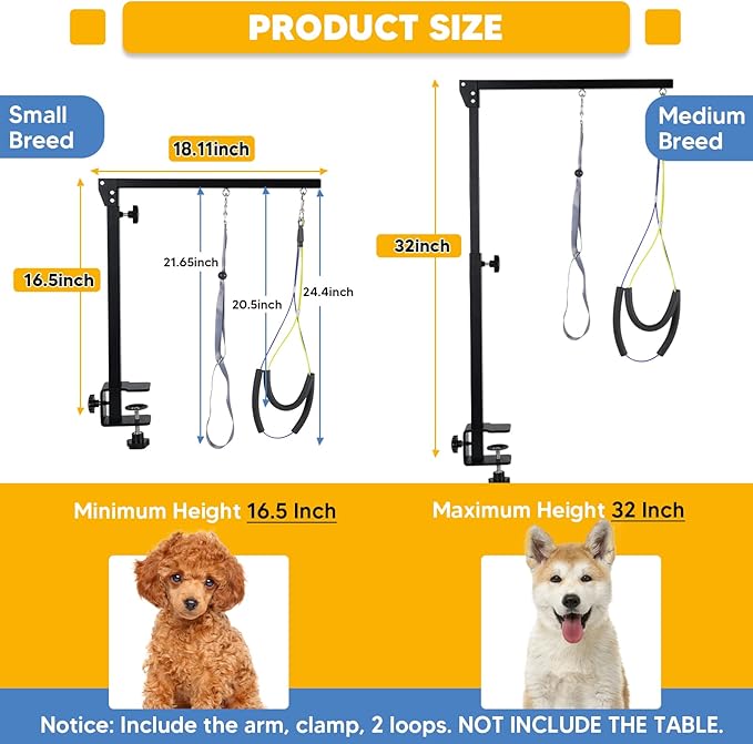 Adjustable Dog Grooming Arms with Anti-Slip Powerful Metal Clamp,Portable Pet Grooming Arm for Table with 1 Loop Noose & Two No Sit Haunch Holder,Grooming Restraint for Small Medium Dogs/Cats at Home | Stability & Build Quality Adjustable Height Pet co...