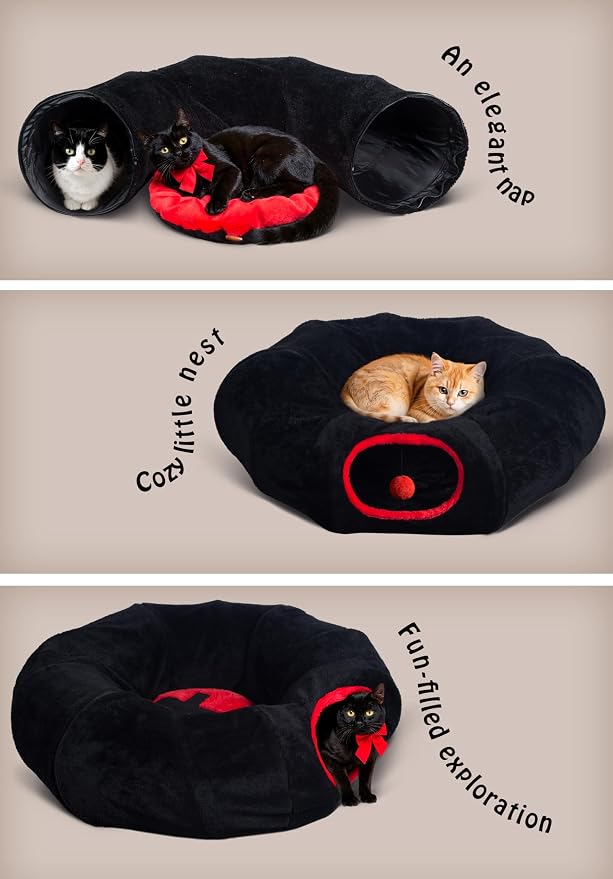 Gothic Coffin Tunnel Cat Bed, Washable, Fits Cat up to 25 lbs | Two-way tunnel design. Size: 10"x33.5". Black & Red. Includes soft washable cushion. Also for small rabbits indoor.