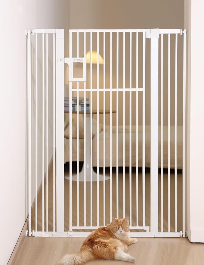 No Pawblems 55" Extra Tall Pet Gate, 29"-43" Wide Dog Gate Indoor, White | NO Drilling Pressure Mounted, One-handed Operation, 1.37" Pet-Safe Gap, Auto Close Cat Gate for Doorway Hallway, Dual-Lock