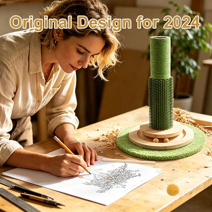 46" Tall Cat Scratching Post, Natural Sisal Cat Tree for Indoor Adult Cats | Vertical Cat Scratch Post for Body Stretching, Self-groomer Brush, Stable 3-layer Solid Wood Base, Interactive Ball Track Toy