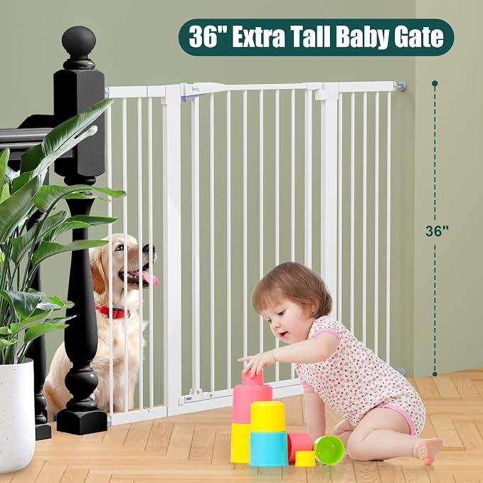 keny 36" Extra Tall Baby Gate for Stairs, Auto Close Dog Gate for Doorways | 29.7-51.5" Adjustable Width, Easy Walk Thru Pet Gate with 21.1" Large Opening Door, White
