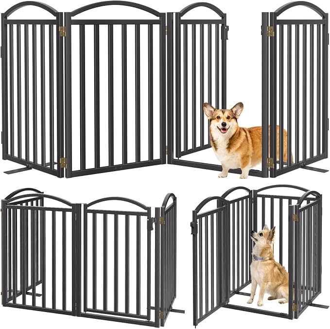Malier Metal Freestanding Dog Gates with Door, Outdoor Indoor Dog Fences, Extra Wide Foldable Puppy Gate for Stairs, Hallways, Yard (Black, 80''W × 32''H【4 Panels】)