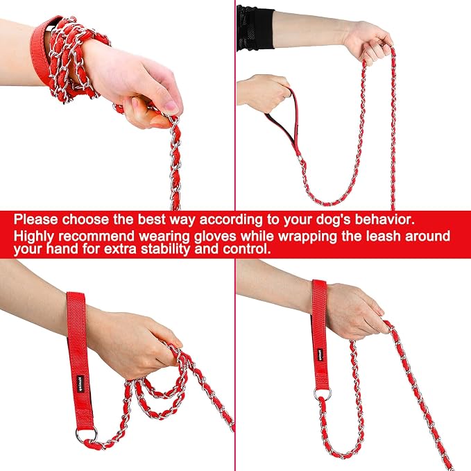 Homimp Chain Dog Leash - Reflective, Chew Proof Metal Leash for Large Dogs, 6 FT with Comfortable Soft Padded Handle, Anti Bite Durable, Non Chewable (Red)