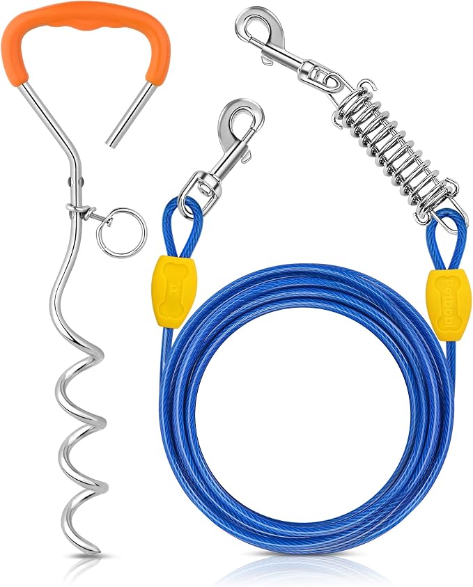 Petbobi Dog Tie Out Cable and Stake, 10ft Heavy Duty Dog Leads for Yard | 4in Shock Spring, 16in Spiral Ground Anchor, 360° No-Tangle Swivel, Chew-Proof Rustproof Wire, Up to 120 lbs, Outdoor Camping