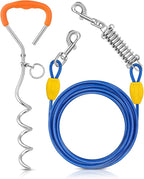 Petbobi Dog Tie Out Cable and Stake, 10ft Heavy Duty Dog Leads for Yard | 4in Shock Spring, 16in Spiral Ground Anchor, 360° No-Tangle Swivel, Chew-Proof Rustproof Wire, Up to 120 lbs, Outdoor Camping