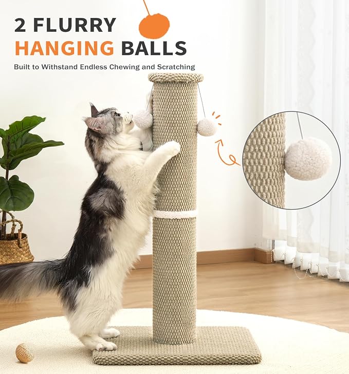 Made4Pets Tall Cat Scratching Post, 33" Modern Cat Scratcher with Hanging Balls, Heavy Duty and Thicker Scratching Post for Indoor Cats Adults, Sturdy Base Cat Scratch Post, Beige