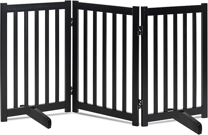 LZRS Freestanding Dog Gate 60" W x 30" H Solid Wooden Pet Gate for Doorways, Stairs & Hallways, Expandable & Foldable with Support Feet，Indoor Use,Black