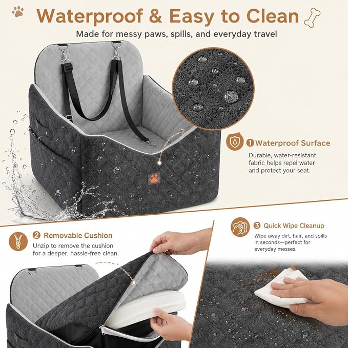Dog Car Seats for Small/Medium Dogs, Puppy Car Seat with Side Opening, Thick Cushion, Detachable Washable Dog Carseat with Storage Pockets for Dogs Up to 35lbs (Grey)