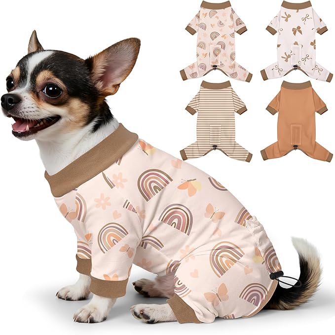 Bienbee Dog Pajamas, 4 Pack Adjustable Onesies for Small to Large Dogs S | Dog Shedding Suit with Soft Fabric, Breathable & Stretchy, and Adjustable Back Length for Sleeping Lounging and Daily Use