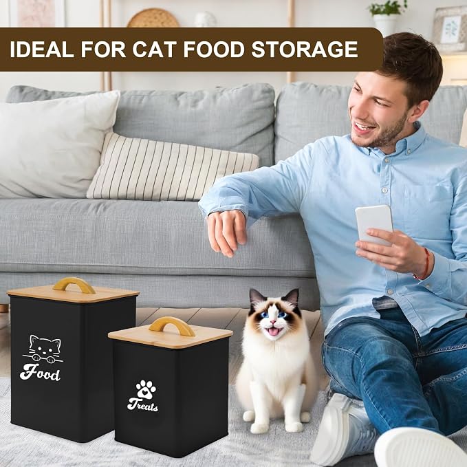 Cat Food Storage Container with Scoop, 2PCS Cat Food Storage Container with Lids Airtight, Cat Treat Jars for Kitchen Counter-7+3Lbs, Cat Cookie Jar for Storage, Black
