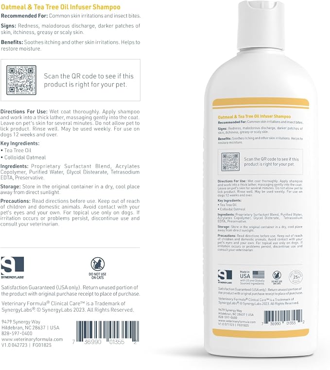 Veterinary Formula Clinical Care Oatmeal & Tea Tree Dog Shampoo, 16 oz | Moisturizing shampoo with colloidal oatmeal and tea tree oil to soothe dry, flaky skin and leave the coat soft and refreshed