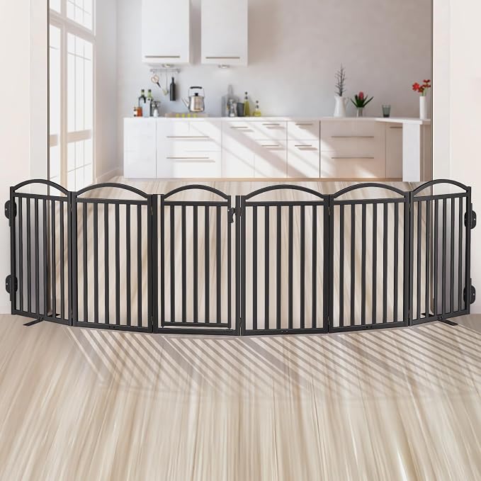 Malier Metal Freestanding Dog Gates, Outdoor Indoor Dog Fences, Extra Wide Foldable Puppy Gate for Stairs, Hallways, Yard
