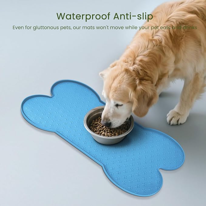 PWTAA Dog Food Mat Anti-Slip Silicone Dog Bowl Mat Thicker Pet Placemat Waterproof Cat Feeder Pad with Raised Edge Puppy Kitten Feeding Mats Suitable Small Medium-Sized Dogs Cats Eating Tray